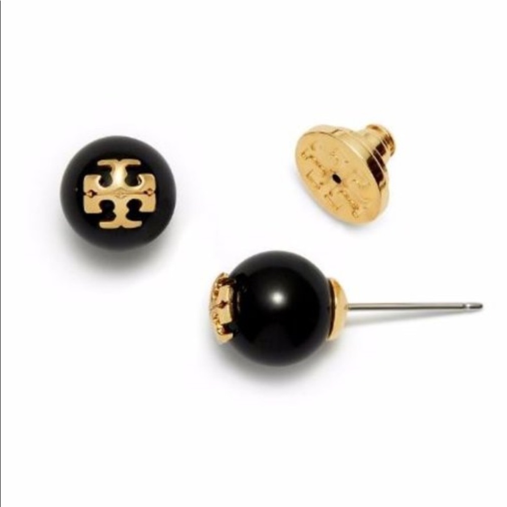 TORY BURCH T LOGO BLACK CRYSTAL PEARL STUD EARRING - Picture 7 of 8